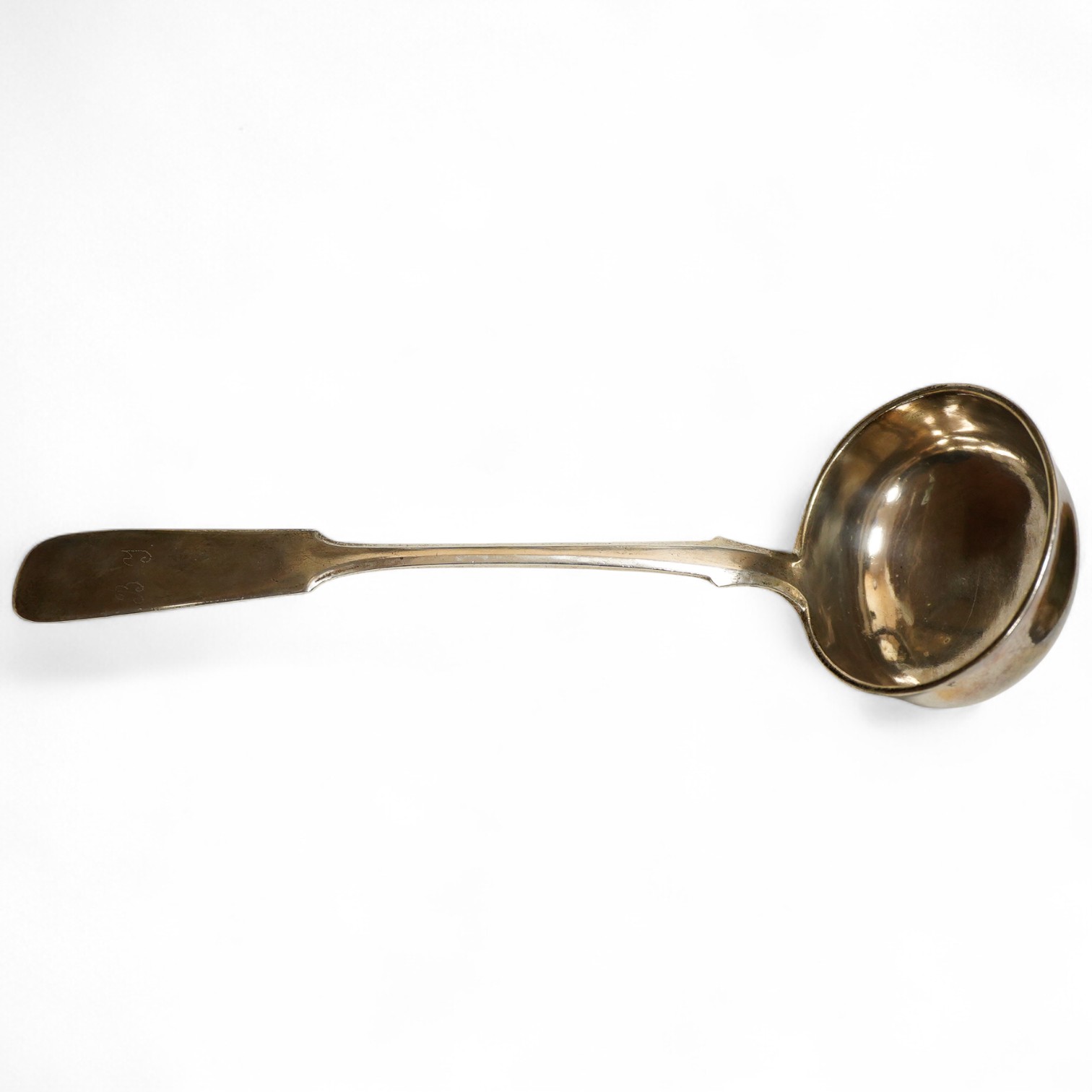 A late 19th century Russian .84 silver fiddle pattern soup ladles, Vilnius, assay master Aleksandr Krollau 1896, cyrillic makers, mark, pricked engraved initials, length 32cm., weight approx. 7.68ozt